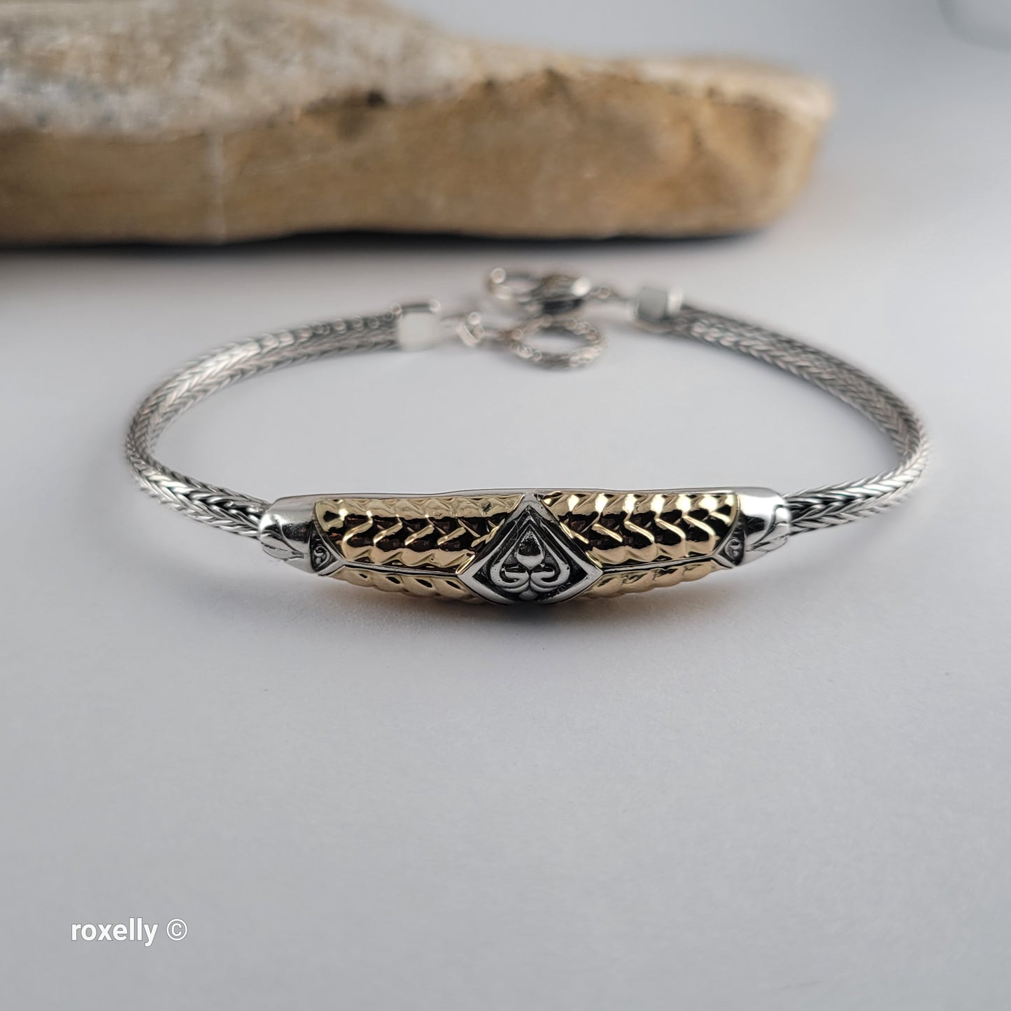 925 Sterling Silver & 18K Yellow Gold Balinese Woven Wheat Chain Bracelet, Made in Indonesia!