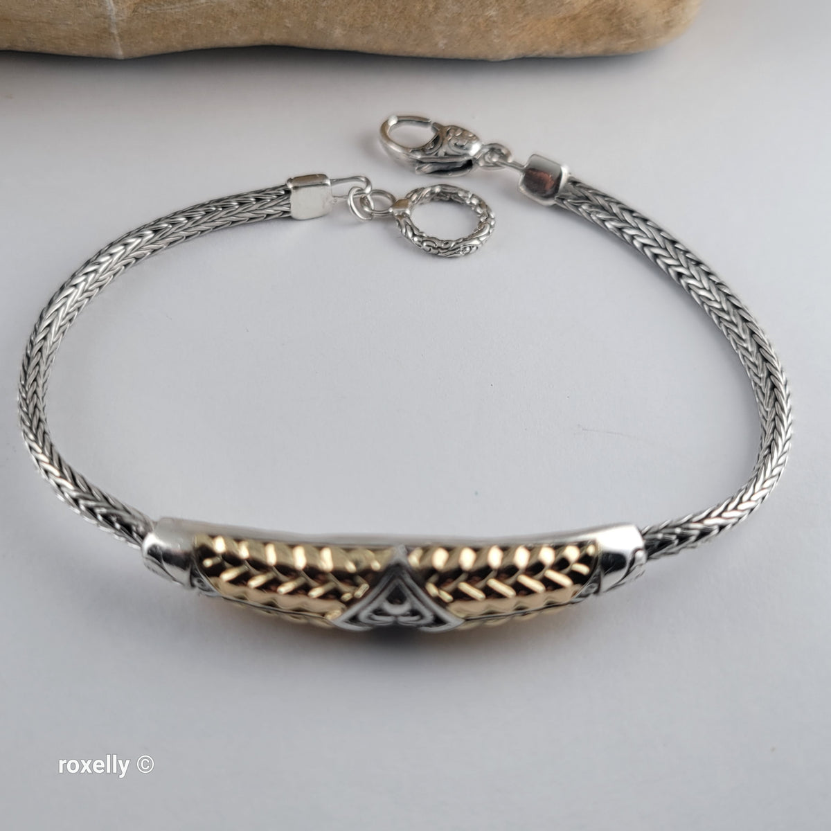 925 Sterling Silver & 18K Yellow Gold Balinese Woven Wheat Chain Bracelet, Made in Indonesia!