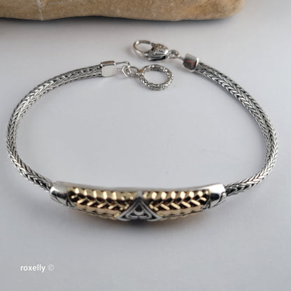 925 Sterling Silver & 18K Yellow Gold Balinese Woven Wheat Chain Bracelet, Made in Indonesia!