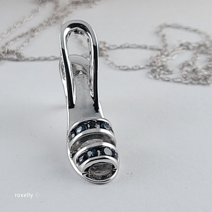 14K White Gold Necklace with High-Heel Sandal Pendant, Diamond & Blue Sapphire - Solid Gold!