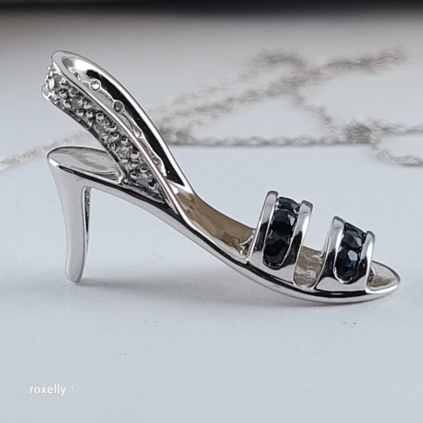 14K White Gold Necklace with High-Heel Sandal Pendant, Diamond & Blue Sapphire - Solid Gold!
