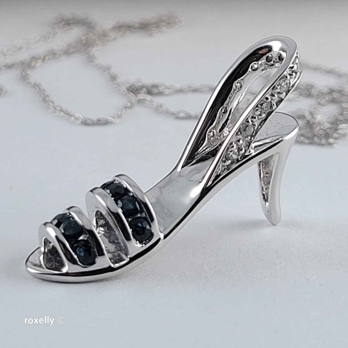 14K White Gold Necklace with High-Heel Sandal Pendant, Diamond & Blue Sapphire - Solid Gold!