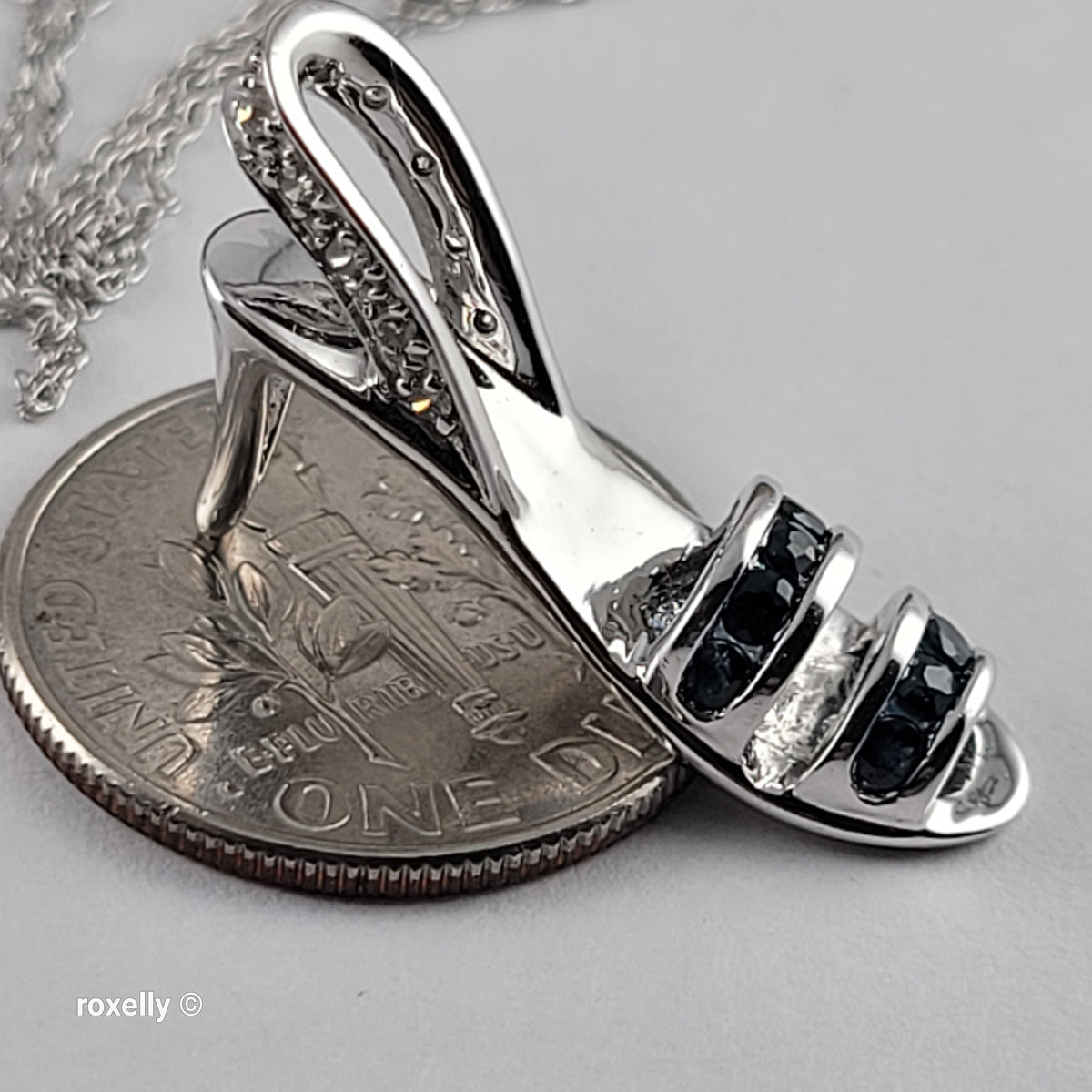 14K White Gold Necklace with High-Heel Sandal Pendant, Diamond & Blue Sapphire - Solid Gold!