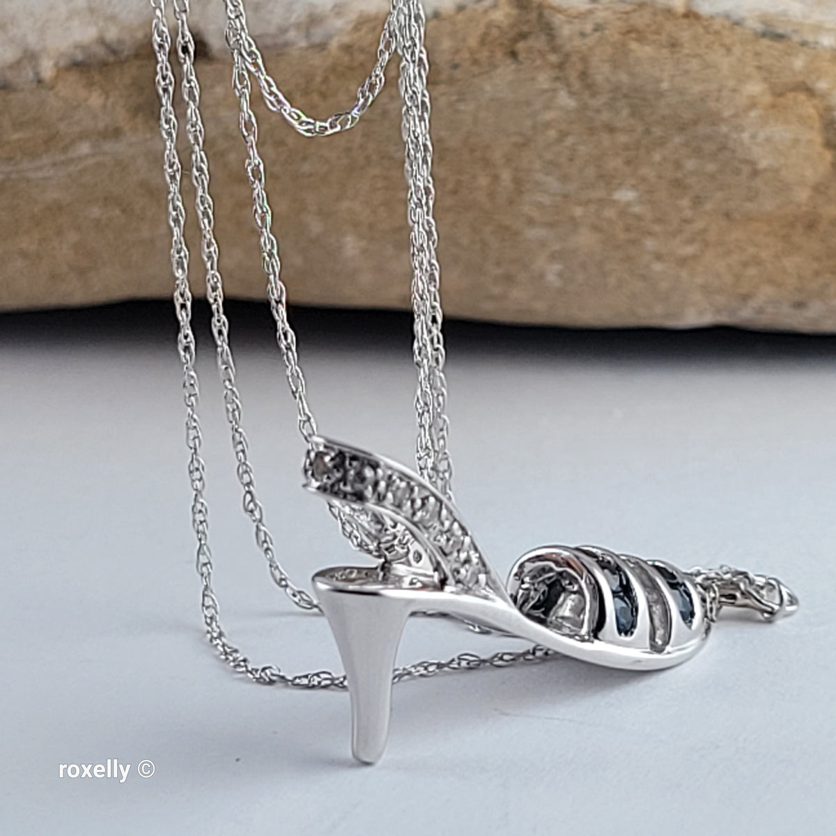 14K White Gold Necklace with High-Heel Sandal Pendant, Diamond & Blue Sapphire - Solid Gold!