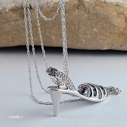 14K White Gold Necklace with High-Heel Sandal Pendant, Diamond & Blue Sapphire - Solid Gold!