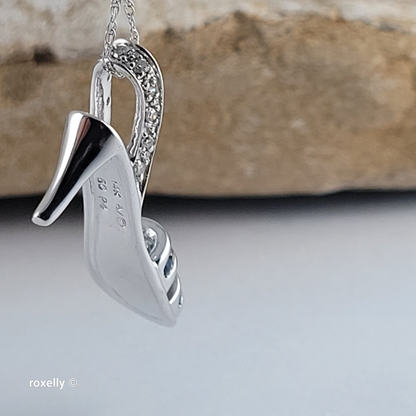 14K White Gold Necklace with High-Heel Sandal Pendant, Diamond & Blue Sapphire - Solid Gold!