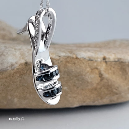 14K White Gold Necklace with High-Heel Sandal Pendant, Diamond & Blue Sapphire - Solid Gold!