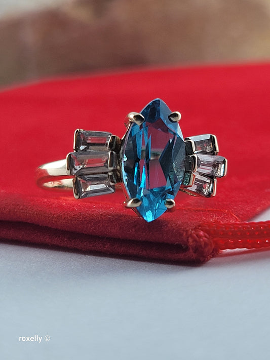 14K Yellow Gold Blue Topaz & Aquamarine Cocktail Ring Size 8 - Solid Gold