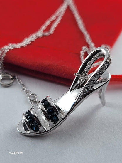 14K White Gold Necklace with High-Heel Sandal Pendant, Diamond & Blue Sapphire - Solid Gold!