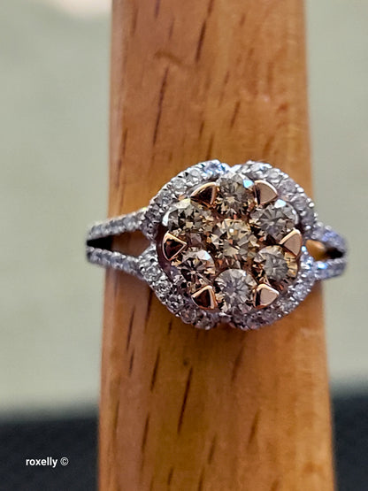 14K White Gold Natural Champagne & White Diamond Ring Size 6, Solid Gold