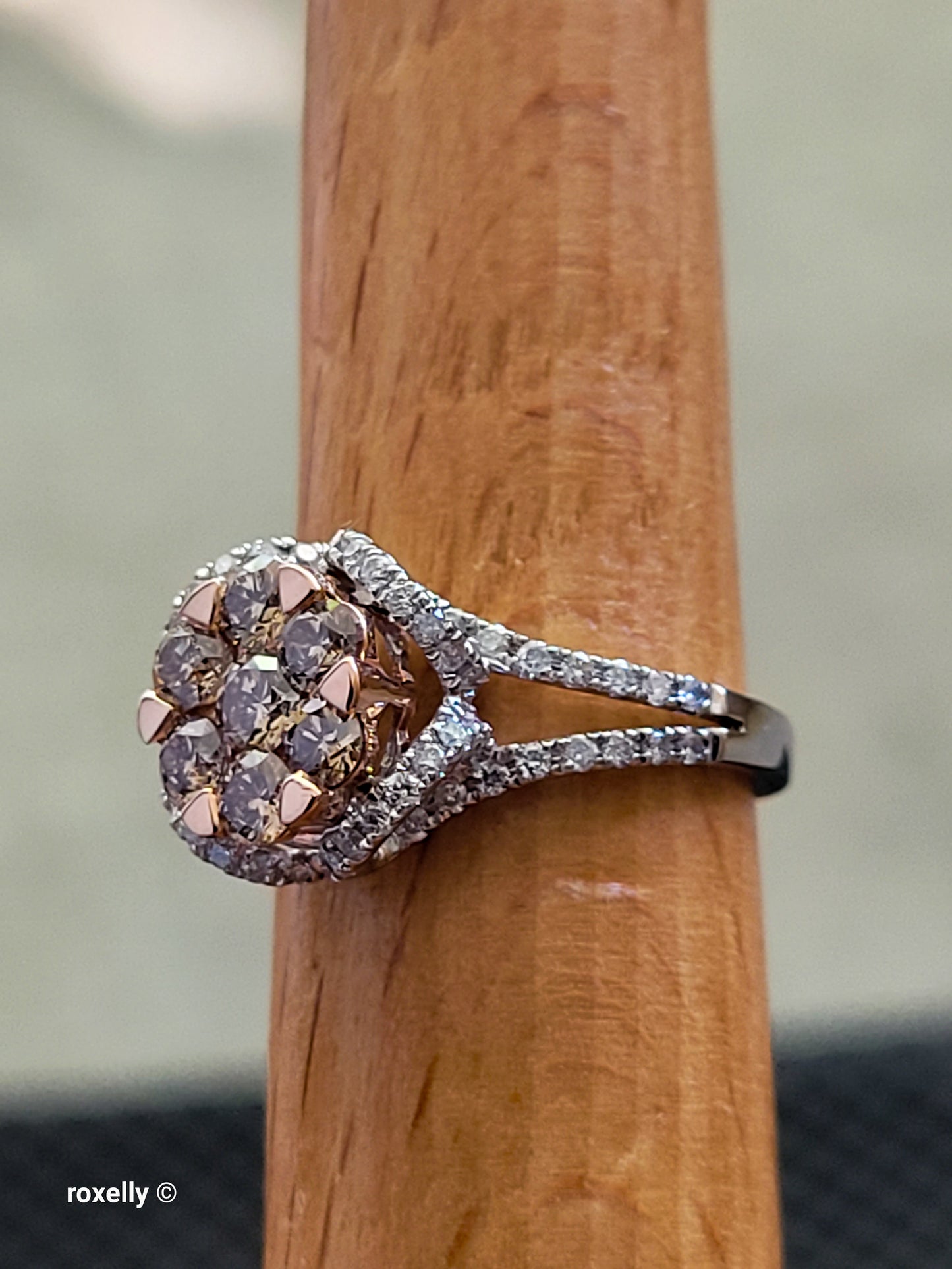 14K White Gold Natural Champagne & White Diamond Ring Size 6, Solid Gold