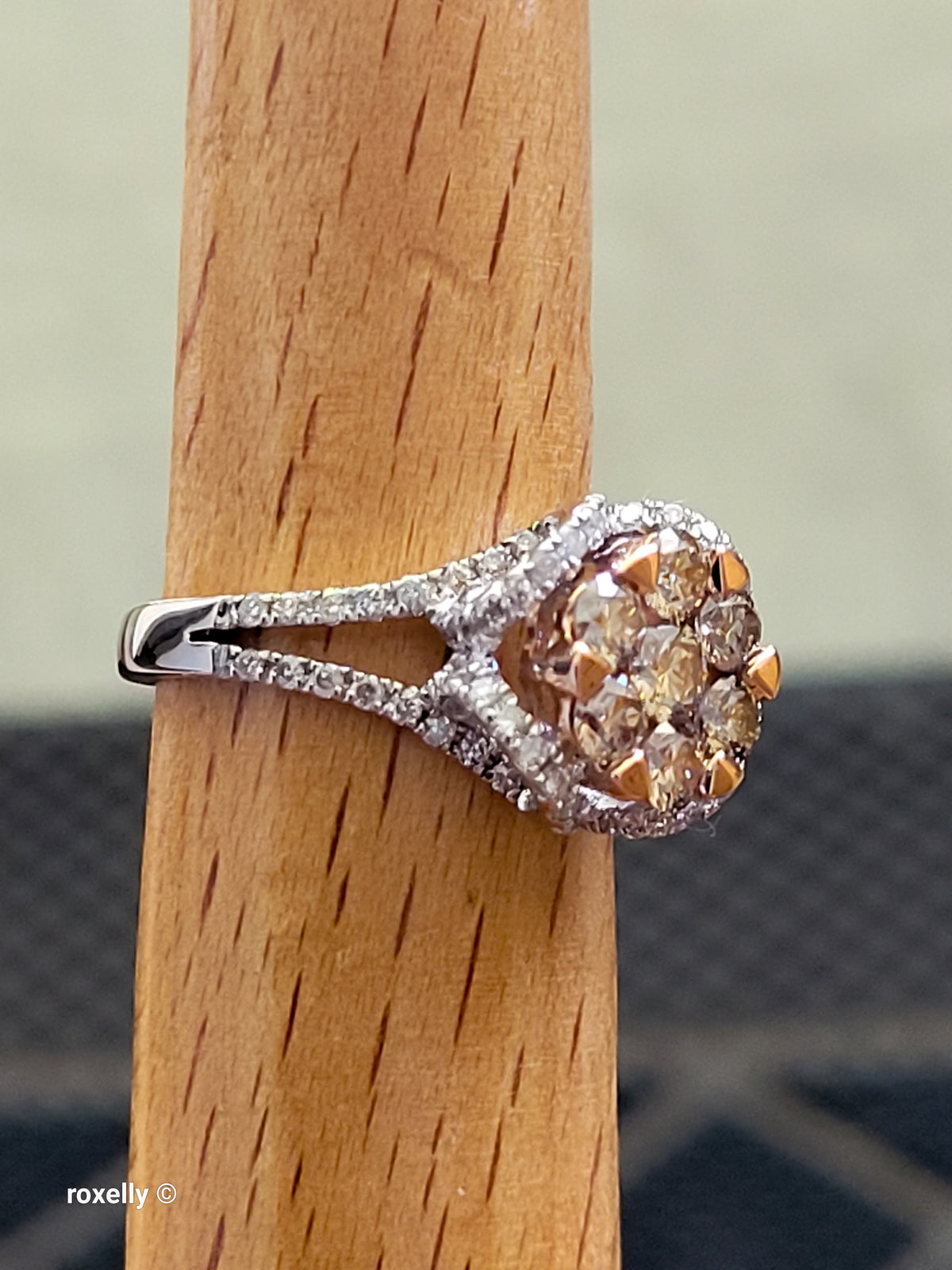 14K White Gold Natural Champagne & White Diamond Ring Size 6, Solid Gold