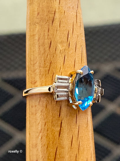 14K Yellow Gold Blue Topaz & Aquamarine Cocktail Ring Size 8 - Solid Gold - view 8