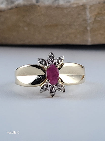 10K Yellow Gold Ruby and Genuine Diamonds Ring Size 6 - Solid Gold