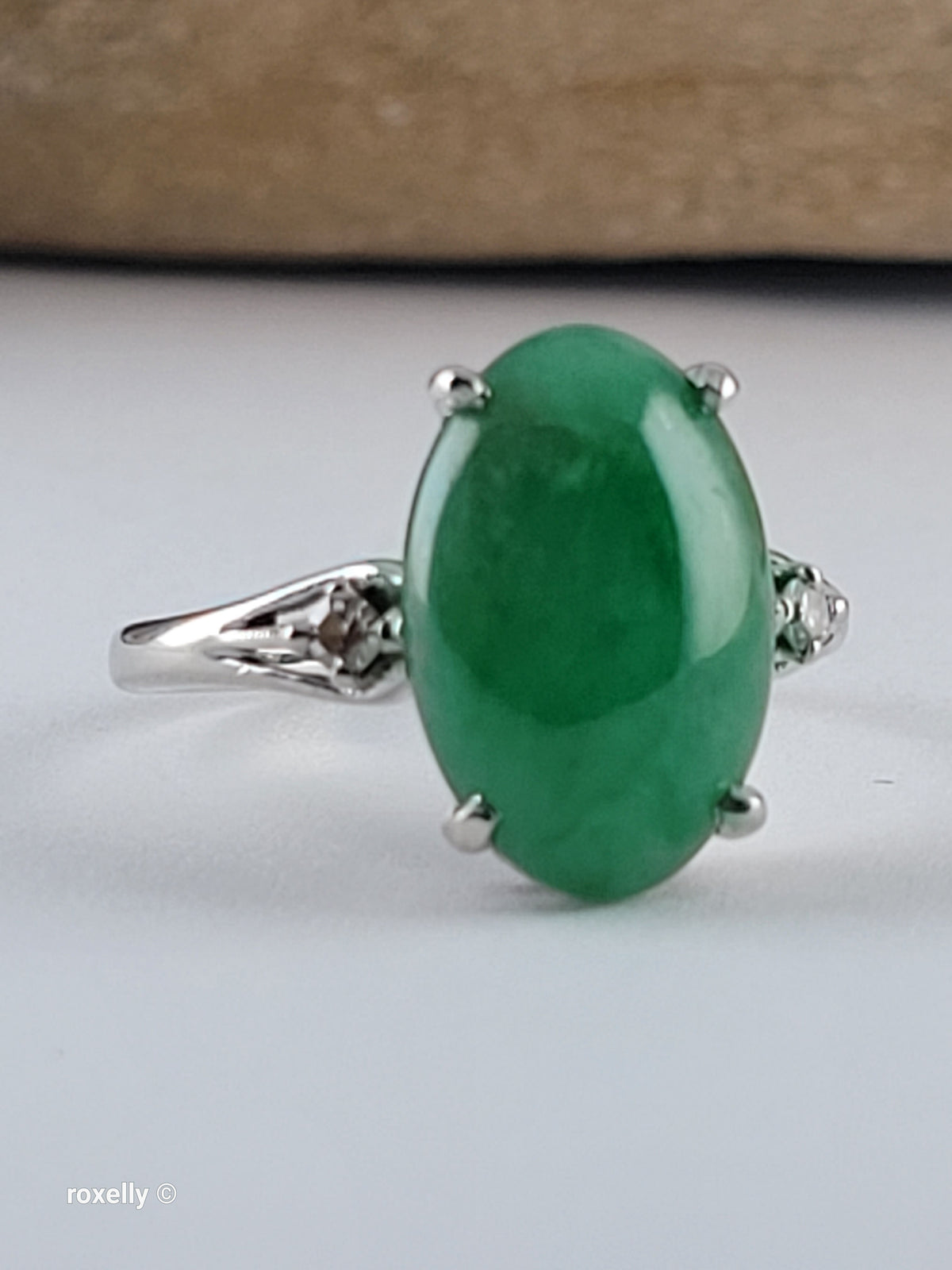 14K White Gold Jade and Genuine Diamond Ring Size 7.25 - Solid Gold