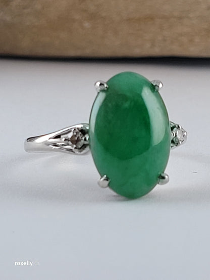 14K White Gold Jade and Genuine Diamond Ring Size 7.25 - Solid Gold