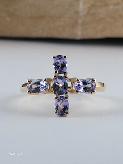 10K Yellow Gold Cross-Shaped Tanzanite Gemstone Ring Size 4.75 - Solid Gold