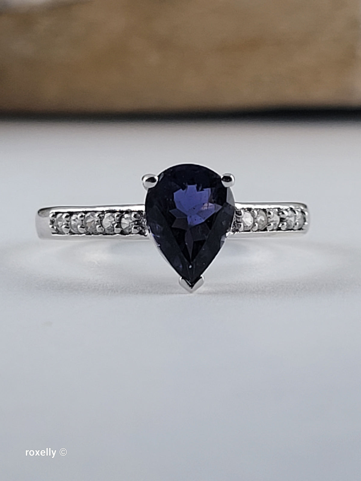 10K White Gold Blue Iolite and White CZ Ring Size 7 - Solid Gold