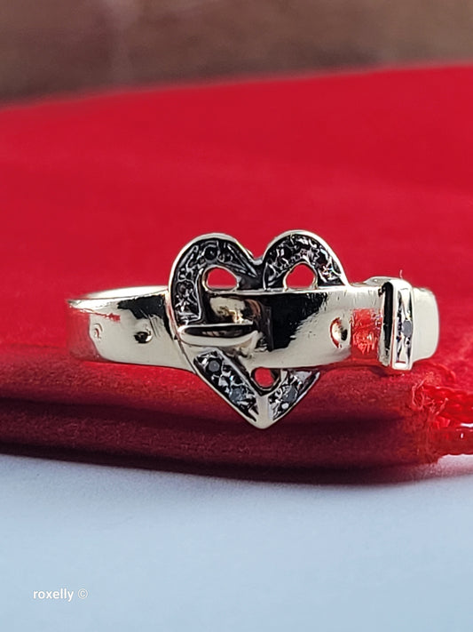 Vintage 14K Yellow Gold Diamond Heart-Shaped Buckle Ring Size 8.5 - Solid Gold