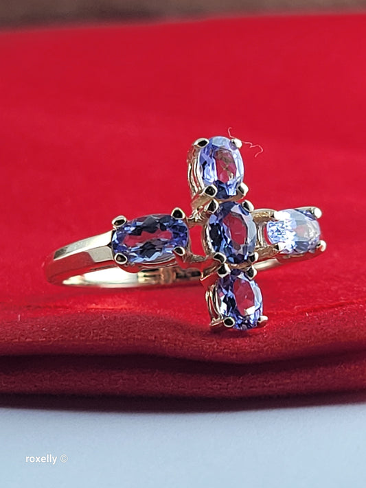 10K Yellow Gold Cross-Shaped Tanzanite Gemstone Ring Size 4.75 - Solid Gold