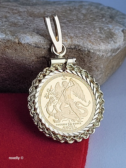 1992 Isle of Man 22K Solid Gold Angel Coin Pendant 14K Bail St Michael