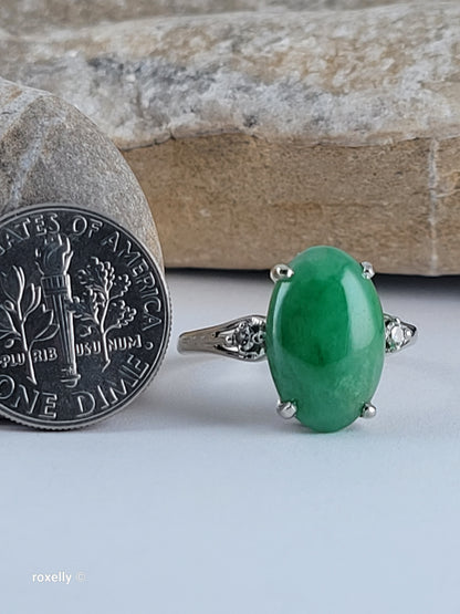 14K White Gold Jade and Genuine Diamond Ring Size 7.25 - Solid Gold