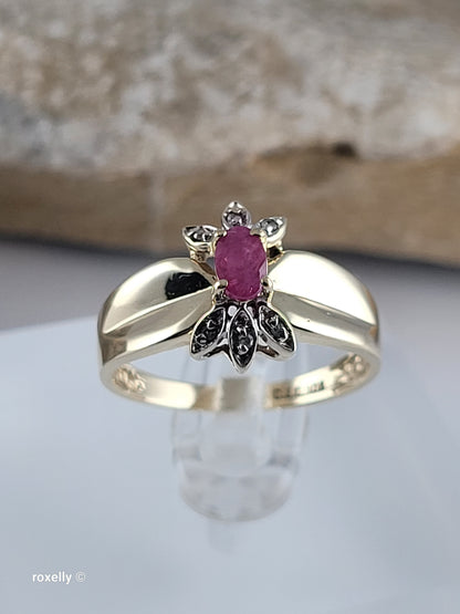 10K Yellow Gold Ruby and Genuine Diamonds Ring Size 6 - Solid Gold