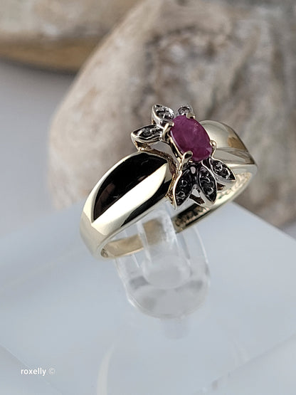 10K Yellow Gold Ruby and Genuine Diamonds Ring Size 6 - Solid Gold