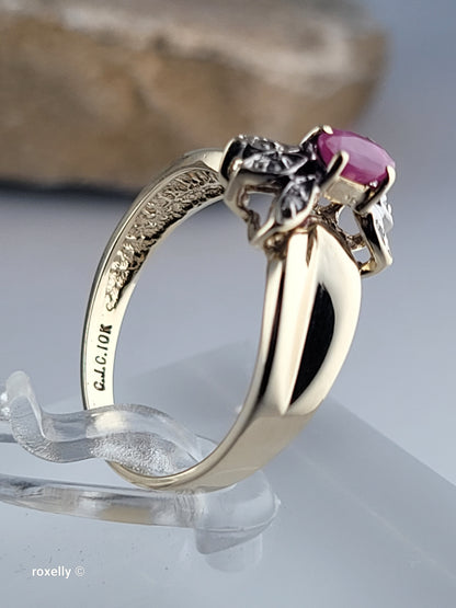 10K Yellow Gold Ruby and Genuine Diamonds Ring Size 6 - Solid Gold