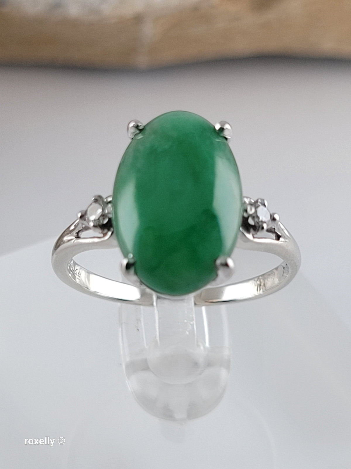 14K White Gold Jade and Genuine Diamond Ring Size 7.25 - Solid Gold