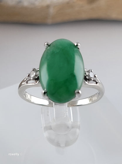 14K White Gold Jade and Genuine Diamond Ring Size 7.25 - Solid Gold