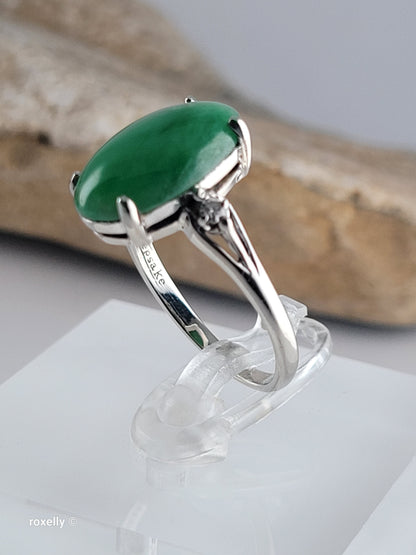 14K White Gold Jade and Genuine Diamond Ring Size 7.25 - Solid Gold