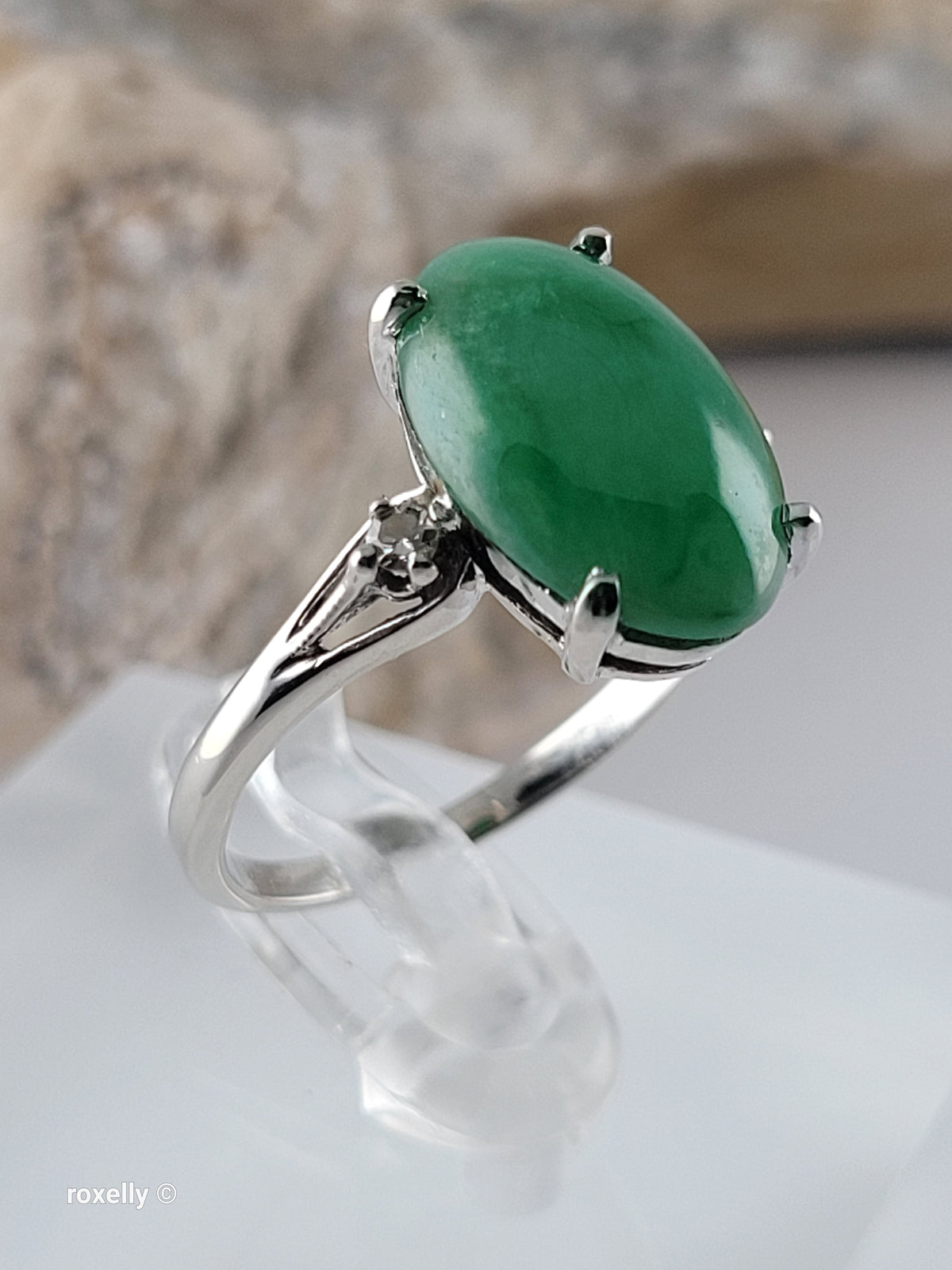 14K White Gold Jade and Genuine Diamond Ring Size 7.25 - Solid Gold
