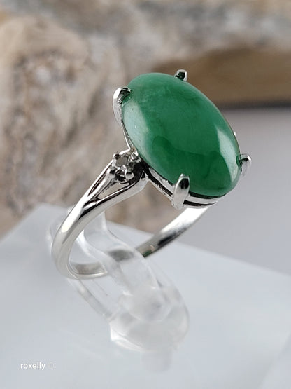 14K White Gold Jade and Genuine Diamond Ring Size 7.25 - Solid Gold