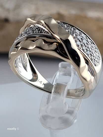 $5000 Effy 14K Two-Tone Gold CTW 0.38 Genuine Diamonds Crossover Band Ring Size 6.5 - Solid Gold!