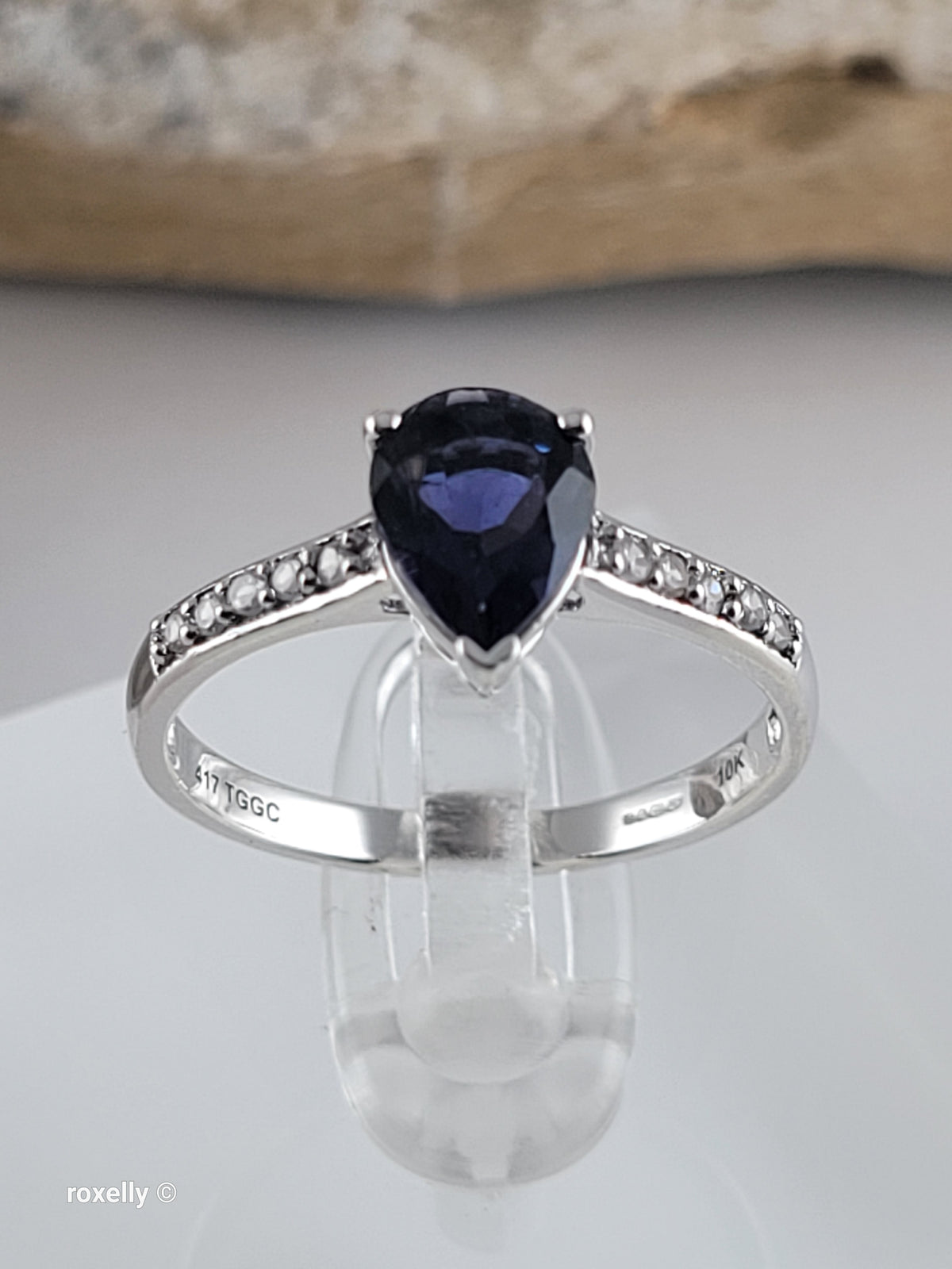 10K White Gold Blue Iolite and White CZ Ring Size 7 - Solid Gold