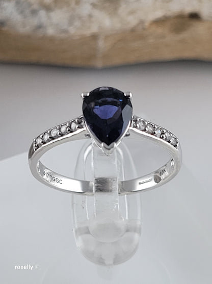 10K White Gold Blue Iolite and White CZ Ring Size 7 - Solid Gold
