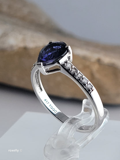 10K White Gold Blue Iolite and White CZ Ring Size 7 - Solid Gold
