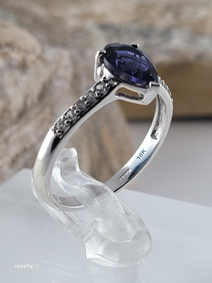 10K White Gold Blue Iolite and White CZ Ring Size 7 - Solid Gold