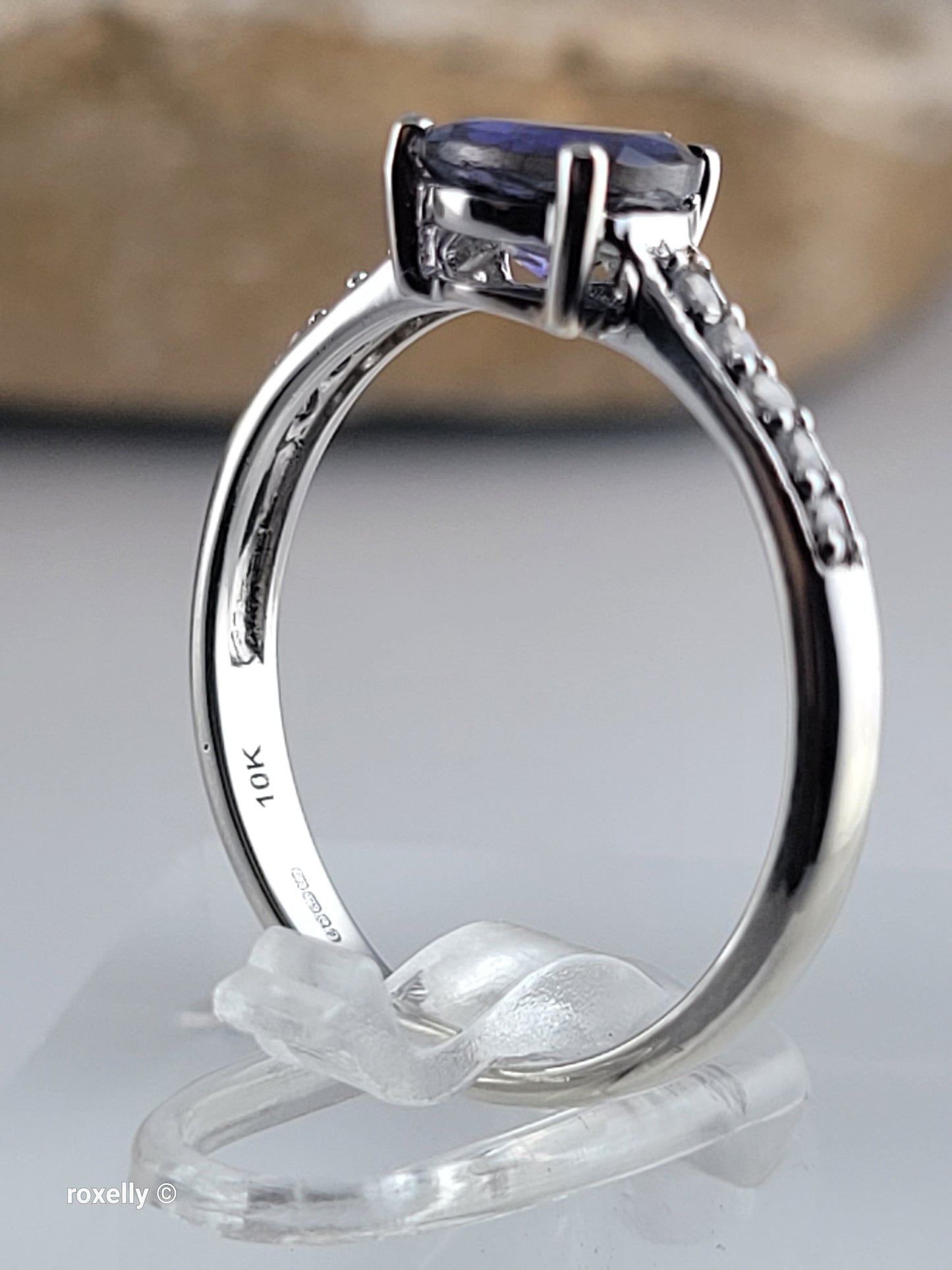 10K White Gold Blue Iolite and White CZ Ring Size 7 - Solid Gold