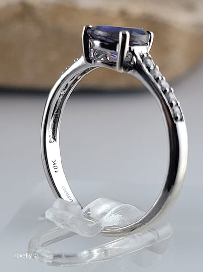 10K White Gold Blue Iolite and White CZ Ring Size 7 - Solid Gold