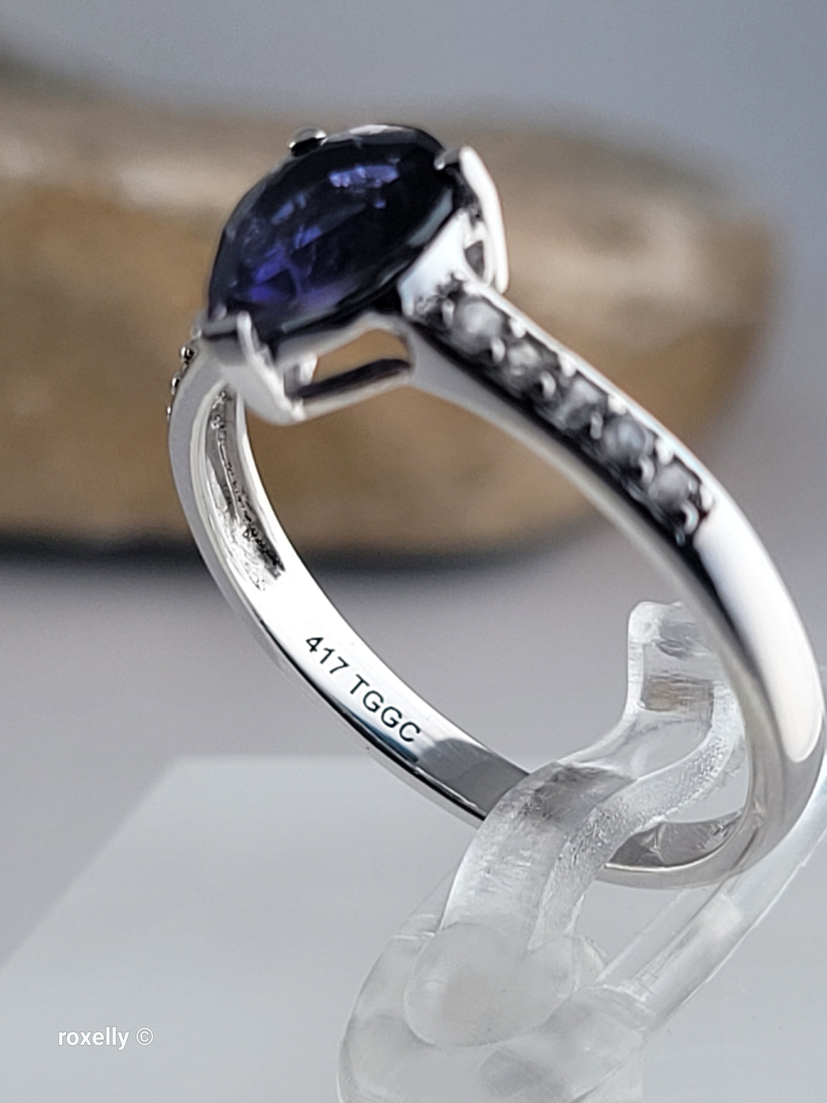 10K White Gold Blue Iolite and White CZ Ring Size 7 - Solid Gold