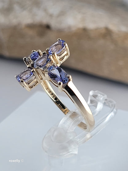 10K Yellow Gold Cross-Shaped Tanzanite Gemstone Ring Size 4.75 - Solid Gold