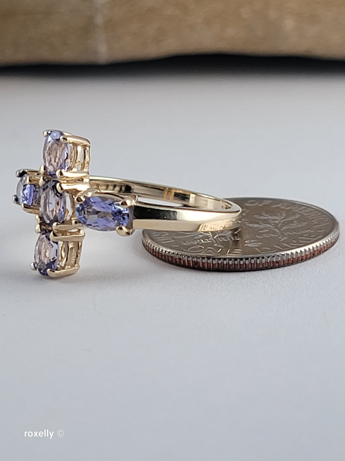 10K Yellow Gold Cross-Shaped Tanzanite Gemstone Ring Size 4.75 - Solid Gold