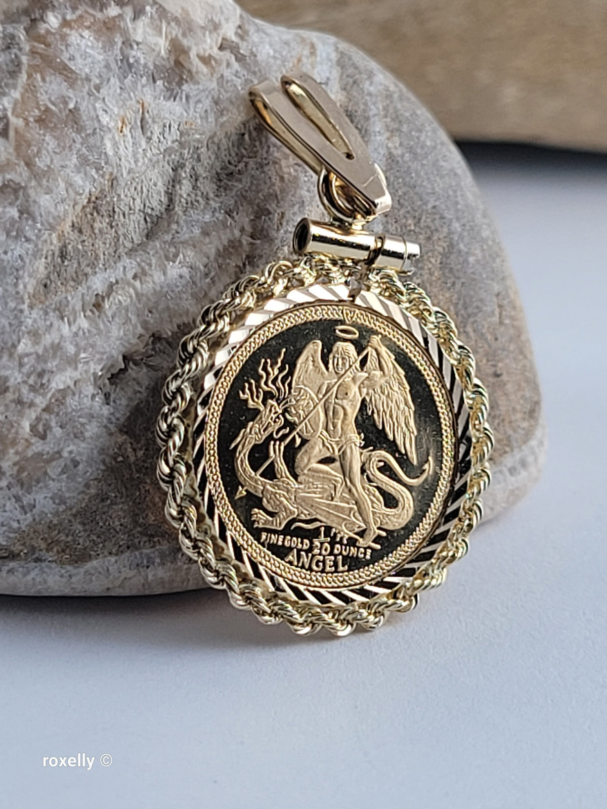 1992 Isle of Man 22K Solid Gold Angel Coin Pendant 14K Bail St Michael