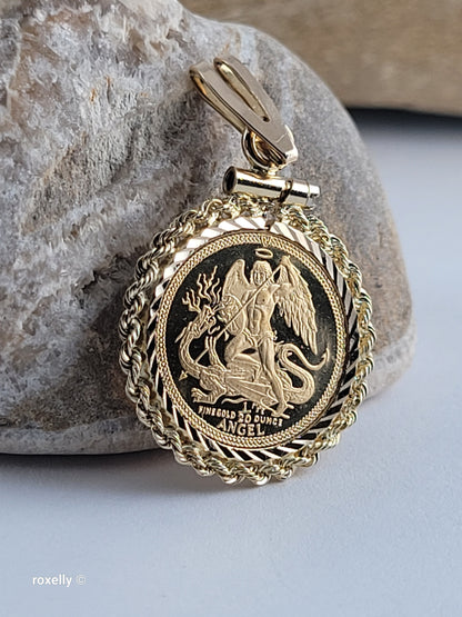 1992 Isle of Man 22K Solid Gold Angel Coin Pendant 14K Bail St Michael