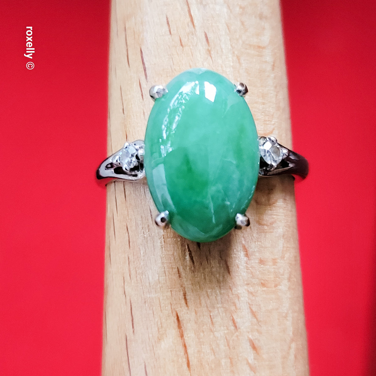 14K White Gold Jade and Genuine Diamond Ring Size 7.25 - Solid Gold