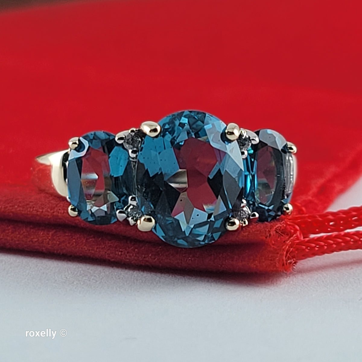 14K Yellow Gold Blue Topaz and Genuine Diamond Ring Size 8 - Solid Gold