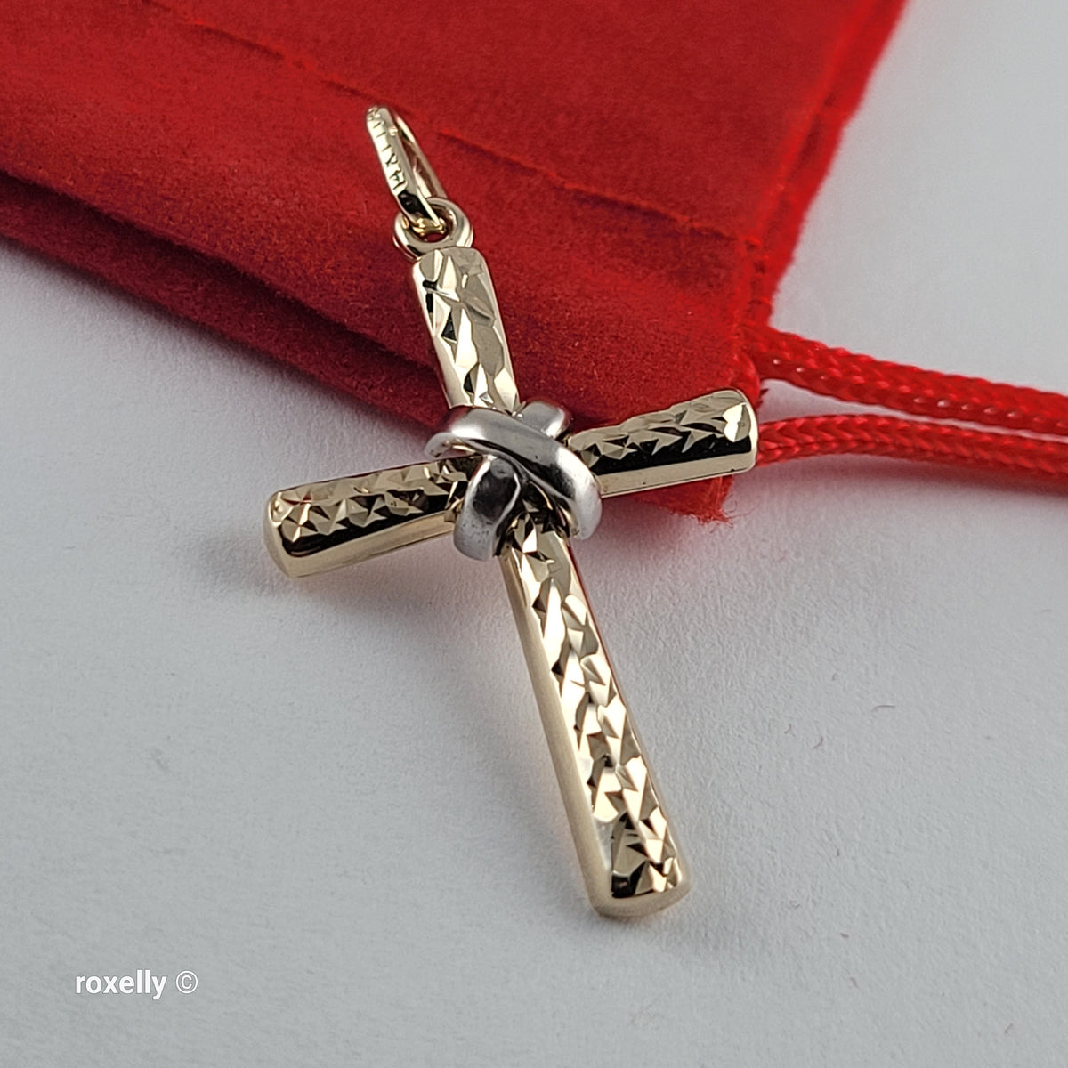 14K Two-Tone Gold Diamond-Cut Cross Pendant - Solid Gold, Made in Italy