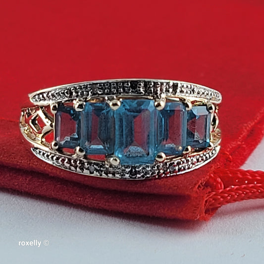 14K Yellow Gold Blue Topaz & Diamond Ring Size 8 - Solid Gold